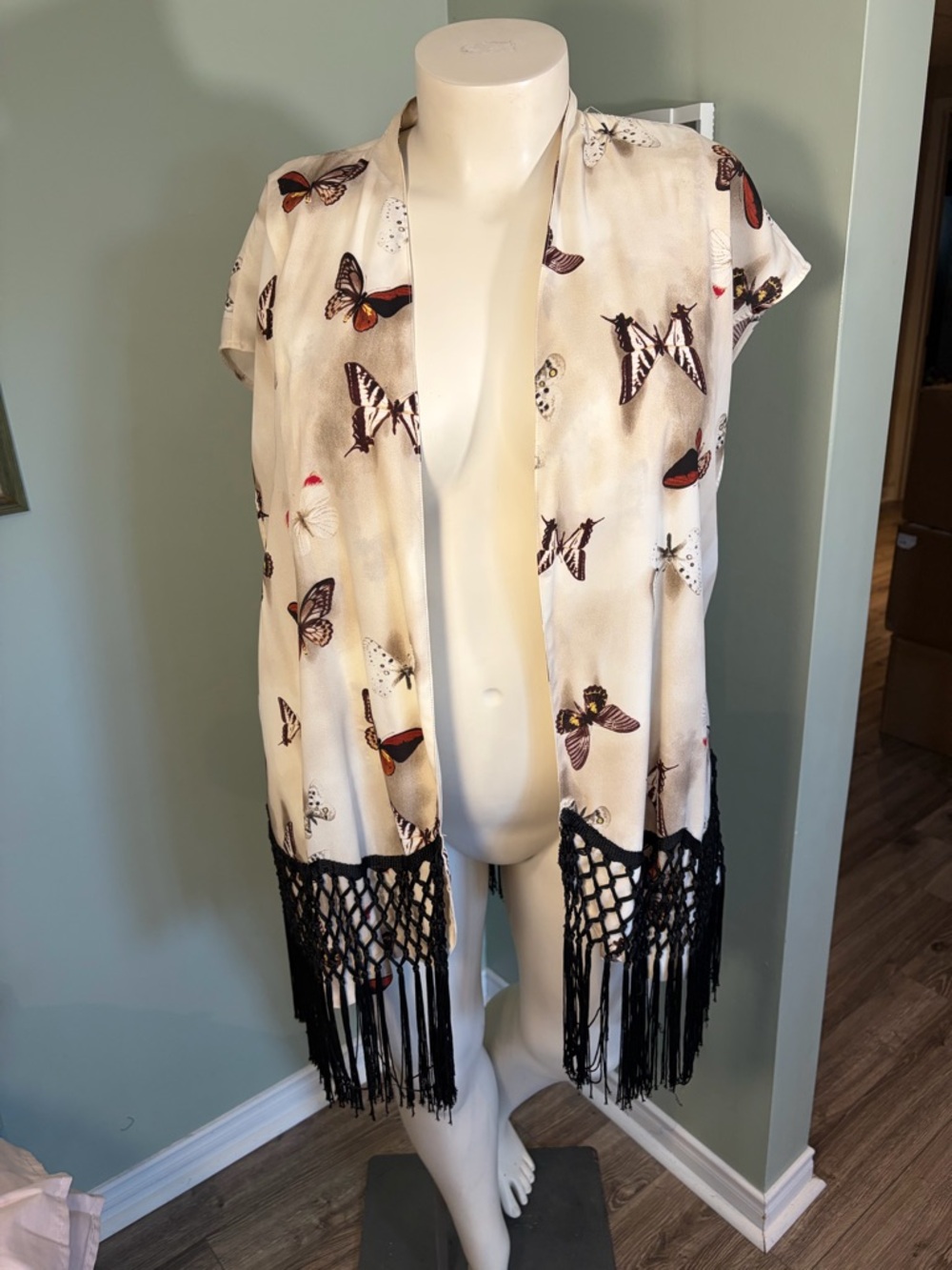 81. Love & Legend Butterfly Print Fringe Kimono Vest - Cream & Black